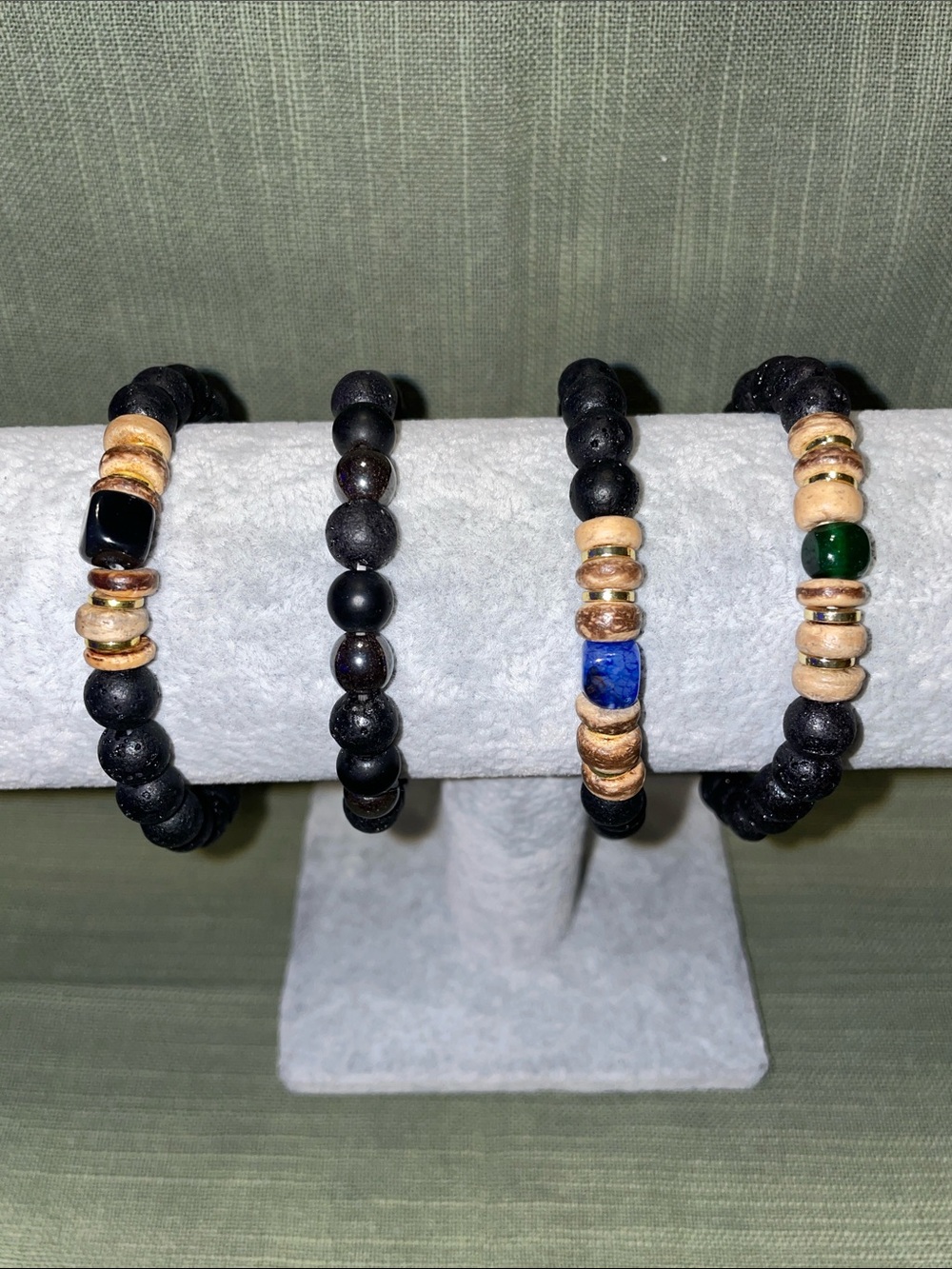 Set of 4 - Black Lava bracelets with Gem stone & wooden accents.